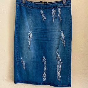 Distressed Blue Denim Pencil Skirt